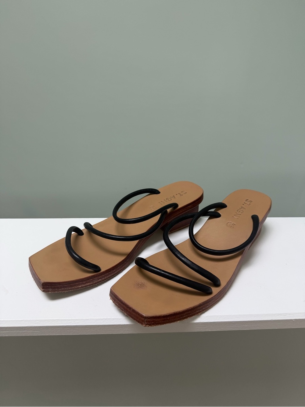 St. Agni Black-Strap Tan Square-Toe Women’s Sandals